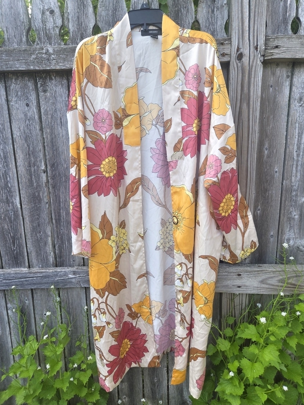 Forever 21 Floral Satin Long Sleeve Kimono — Cream, Yellow & Pink